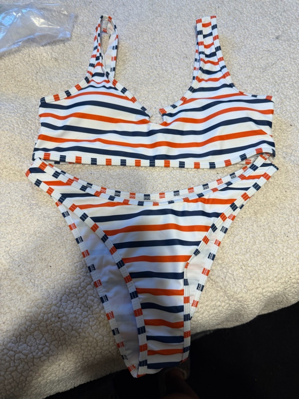 SHEIN Striped Two-Piece Bikini in White, Navy & Orange